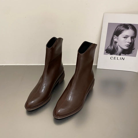 Sonicelife Booties Work Short Shoes for Woman Brown  Ankle Boots Pointed Toe Elegant with Medium Heels Footwear Trend 2025  New In Pu