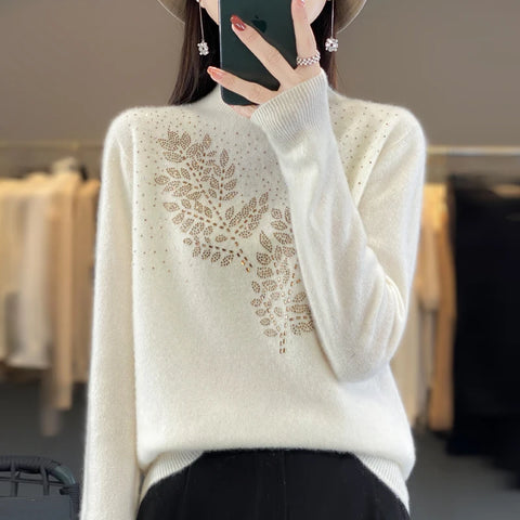 christmas outfit Sonicelife Women Autumn Winter Pure Wool Thickening Sweater Half-high Collar Leaf Studded with Diamonds Pullover Female Knitted Basis Top