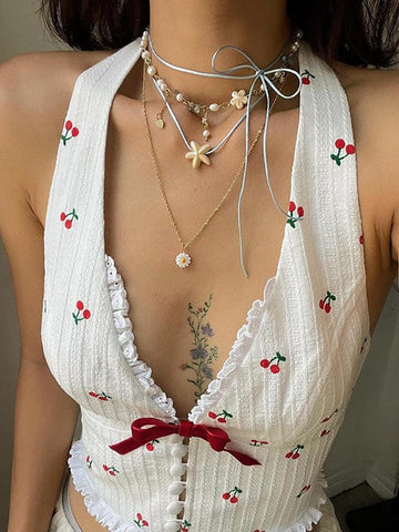 Sonicelife Ruffled Cherry Embroidery Halter Neck Top