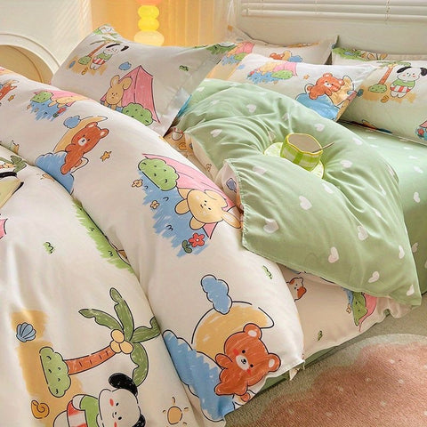 Sonicelife Cute Rabbit Carrot Bedding Set Soft Green Flat Sheet Quilt Cover Pillowcase Bed Linen Twin Queen Full Size Floral Duvet Cover