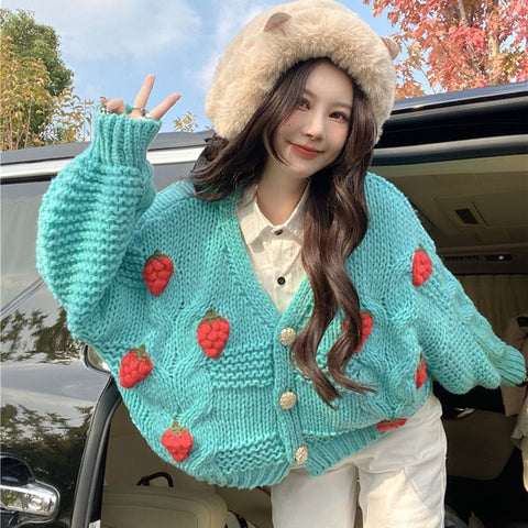 Sonicelife 3D Strawberry Sweet Cardigan Women Loose Long Sleeve Fashion Knitted Sweaters Korean Lazy Wind Casual Female Soft Cardigans