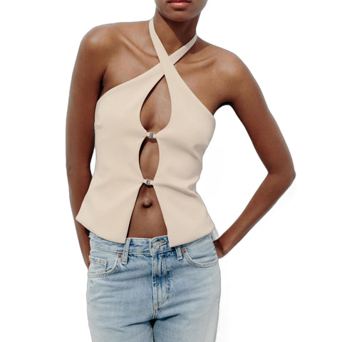 Sonicelife Women's Hanging Strap Hollow Buckle Neck Top Open Back Design Versatile Fashion New