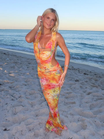 Sonicelife Sexy V Neck Printed Sleeveless Pleated Long Dress Chic Hollow Out Slim Fit Off-the-shoulder Gown New Lady Beach Party Vestidos