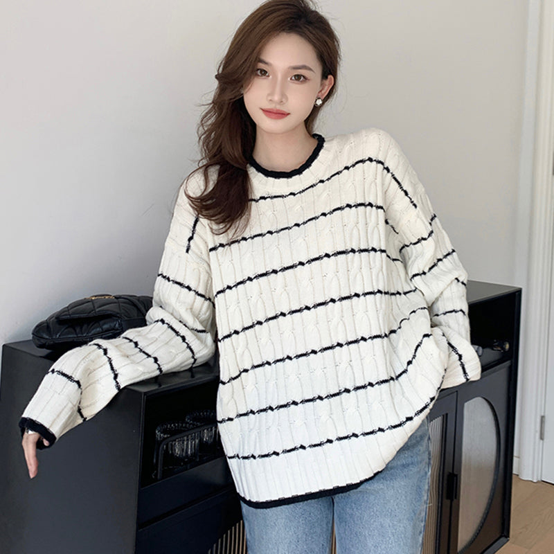 Sonicelife Korean Soft Striped Sweaters Women O Neck Lazy Wind Fashion Knitted Jumpers Fall Loose Long Sleeve Female Sweet Pullovers