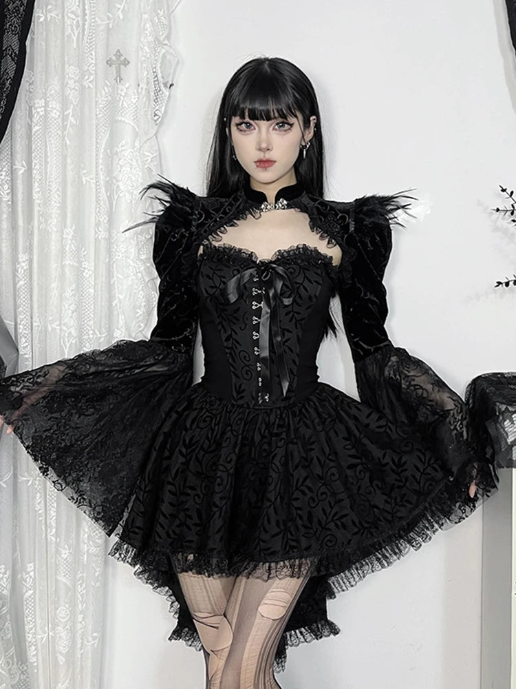 Sonicelife Palace Style Gothic Smock Women Vintage Streetwear Y2k Feather Lace Patchwork Flare Sleeve Crop Tee Tops Cosplay Clothes