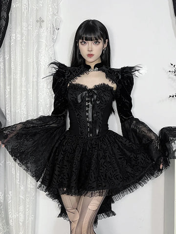 Sonicelife Palace Style Gothic Smock Women Vintage Streetwear Y2k Feather Lace Patchwork Flare Sleeve Crop Tee Tops Cosplay Clothes