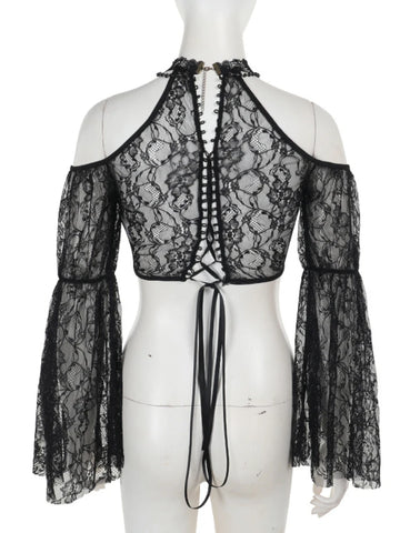 Sonicelife Vintage Gothic Lace Smock Women Sexy Streetwear Aesthetic Dark Punk Y2k Alt See Through Flare Sleeve Crop Blouse Female