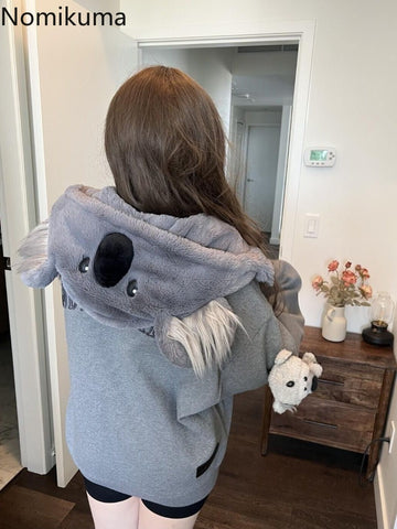 Sonicelife Bear Hooded Sweatshirts Jackets for Women 2025 Autumn Winter Clothing Korean Fashion Cute Y2k Tops Casual Zipper Hoodies Coats