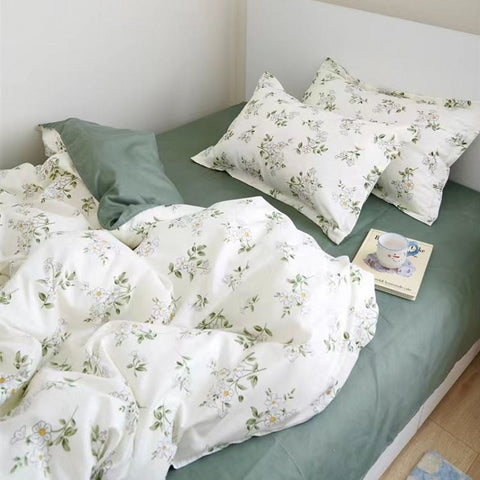 Sonicelife Ins Floral Bedding Set Soft Duvet Cover with Zipper No Filler Flat Sheet Pillowcase Cream Green Twin Queen Size Bed Linens