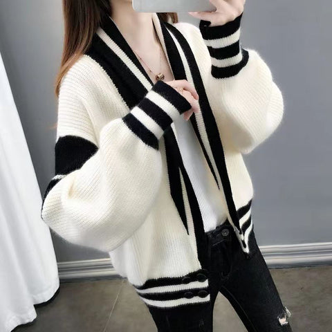 Black Friday Sonicelife Patchwork Sweater Women Knitted Loose Elegant Black White Fashion Cardigan Lazy Strip V-Neck Long Sleevekorean Female Jumpers