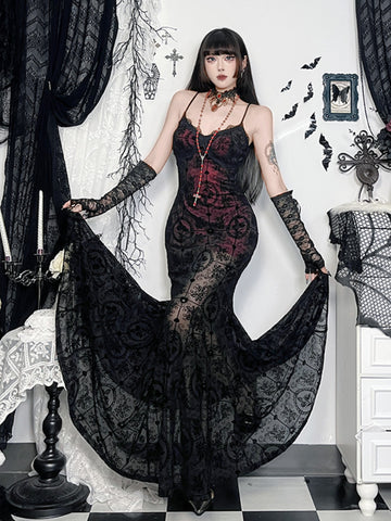 Sonicelife Vintage Dark Gothic Dress Women Sexy Streetwear Elegant Aesthetic Y2k Emo Spaghetti Strap Cross Flocking Dress Clubwear