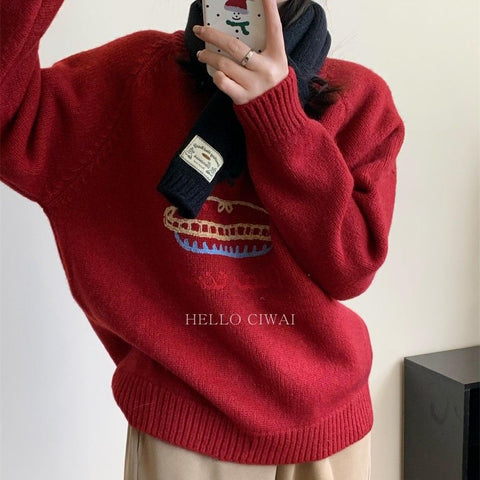 christmas outfit Sonicelife 2025 new autumn and winter Korean style round neck fruit cake jacquard sweater lazy thick loose sweater women clothing y2k tops