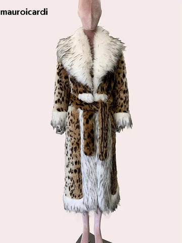 christmas outfit Sonicelife Winter Long Thick Warm Colorful Fluffy Leopard Print Faux Fur Coat Women with Fake Fox Fur Trim Luxury Designer Clothes 2025