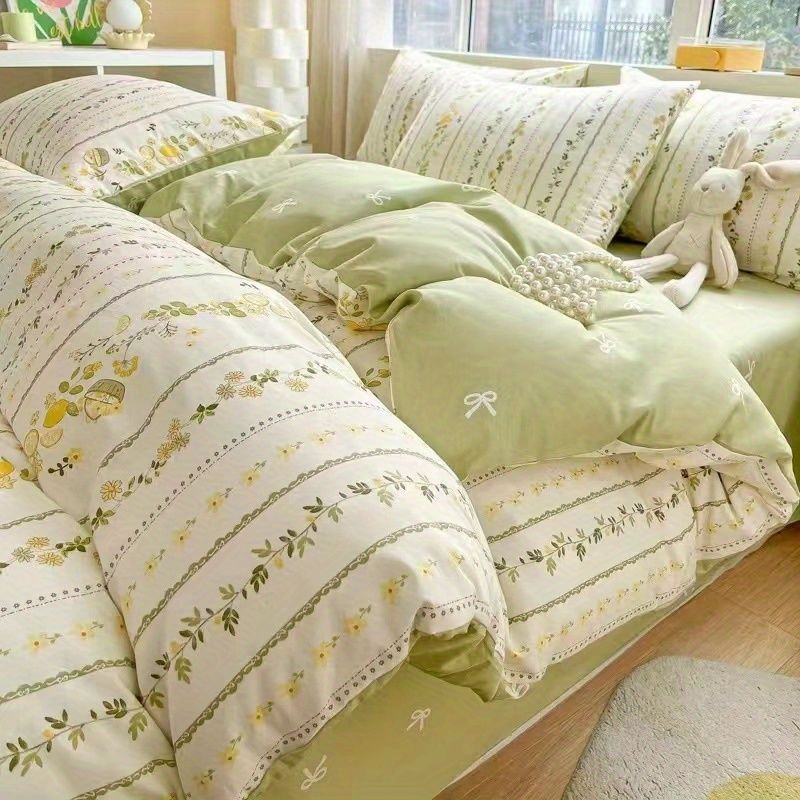 Sonicelife Green Floral Bedding Set Ins Fashion Twin Full Queen Size Duvet Cover No Filler Flat Sheet Pillowcase Girl Home Totel Bed Linens