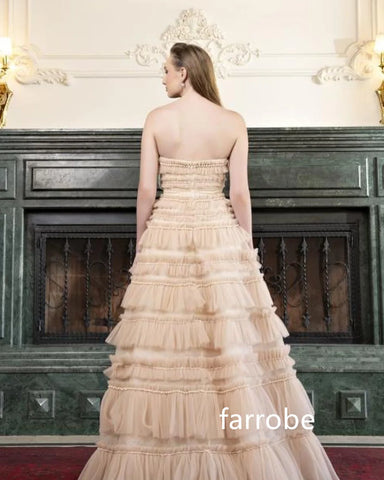 Sonicelife Customized Retro Net Pleat Tiered A-line Strapless Long Dresses Evening Dresses Classic Exquisite Modern Style Pastrol Unisex Ch (PRE-ORDER)