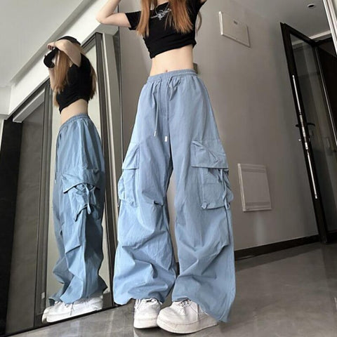 Sonicelife Hip Hop Y2K Cargo Pants Women Streetwear Harajuku Big Pockets Casual Trousers Korean Loose High Waist Design Solid Pants Z