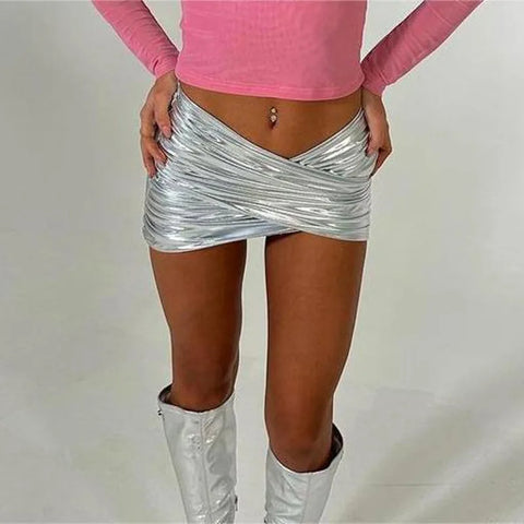 Sonicelife Sexy Women Metallic Silver PU Leather Mini Skirts Bodycon Cross Skirts Summer Party Y2K Lady High Waist Elastic Pleated Skirts