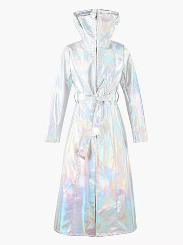 christmas outfit Sonicelife Spring Long Shiny Reflective Holographic Silver Faux Leather Trench Coat for Women with Hood Zip Up Y2K Streetwear