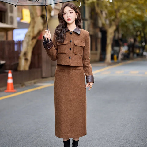 thanksgiving outfit Sonicelife Fashionable Casual Suit Autumn/Winter New PU Leather Patchwork Tweed Style Down Jacket Half Skirt 2-Piece Set Skirt YJ6816