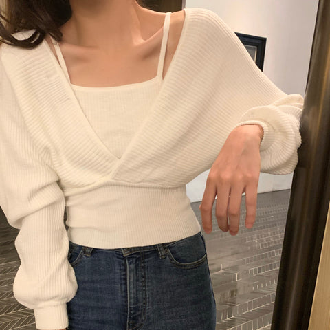 Black Friday Sonicelife Autumn Fake Two-Piece Sweater Women Knitted Solid Slim Long-Sleeved Pullover Fashion Casual Sweet Pretty Style Female Tops