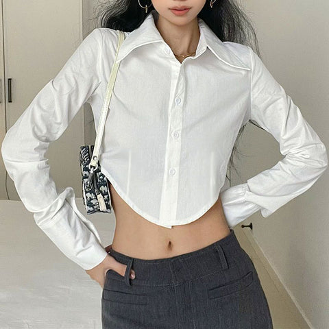 Sonicelife Cropped Sexy Women White Shirt Long Sleeve Slim Design Blouse Fall Female Fashion Streetwear Turn Down Collar Amercian Tops