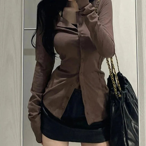 Sonicelife Streetwear Women Shirts Korean Fashion Female Slim Fit Long Sleeve Tops Y2K Casual All Match Solid Shirts Autumn New