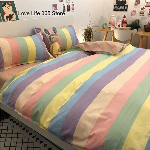 Sonicelife Ins Pink Cute Duck Cartoon Fruit Printed Bedding Set Soft Queen King Size Flat Bed Sheet Quilt Cover Pillowcase Kawaii