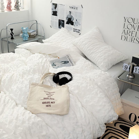 Sonicelife INS Girl Blue Bedding Sets Solid Color Seersucker Ruffles Lace  Kawaii Soft Sheet Woman Duvet Cover Pillow Covers Quilt Cover