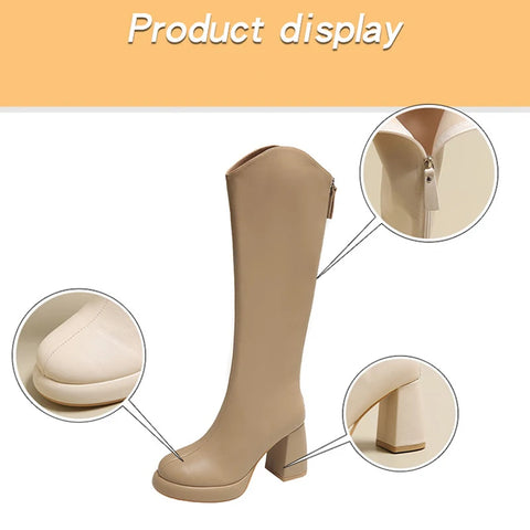 Sonicelife Women Knee High Boots 3cm Platform 8cm High Heels Square Mid Heels White Boots Lady Fetish Stripper Booties Leather Zipper Shoes