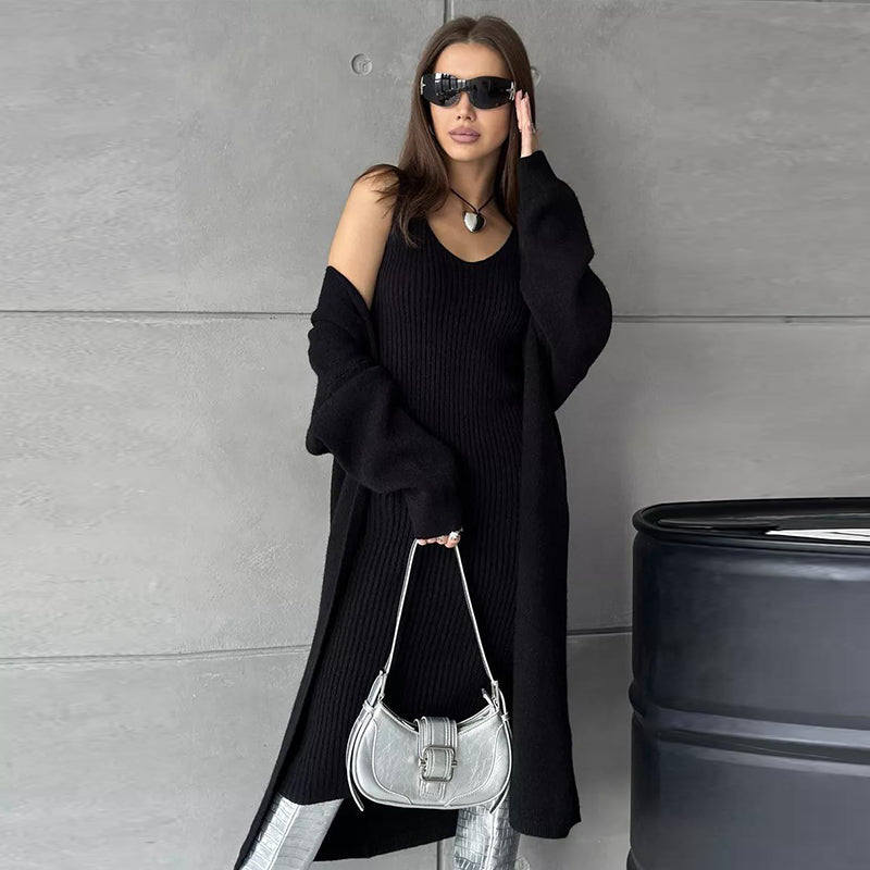 Black Friday Sonicelife Casual Knitted Sling Dresses Cardigan Set Women Loose Solid V-neck Knitwear Long Open Sweater Woman's Sets Autumn Chic Oufits