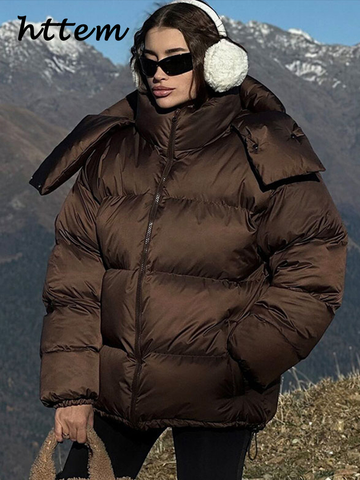 Sonicelife Fashion Women's Hooded Down Jacket Loose Stand Collar Zipper Pocket Female Puffer Jackets 2024 Winter Lady Solid Street Coats