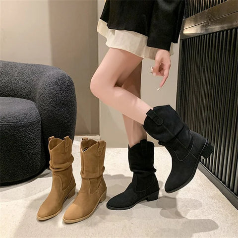 Sonicelife Suede pleated autumn thick heel plus medium heel long leg fashion boots 2025  retro but knee pile boots for women