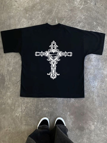 Sonicelife Cross print top pure cotton casual grunge punk rock aesthetic Y2K top streetwear hip hop harajuku retro fashion chic women's top