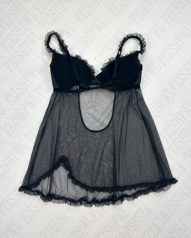 Sonicelife summer new fashion black transparent pajamas sexy home lace halter lace skirt Pink little bow dress Pajamas loose underwear Y2K