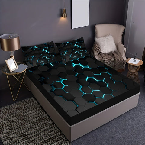 Sonicelife Blue 3D Hexagonal Honeycomb Geometry Print Fitted Sheet Set Column Mosaic Art Neon Mattress Covers Bedding Set With Deep Pocket