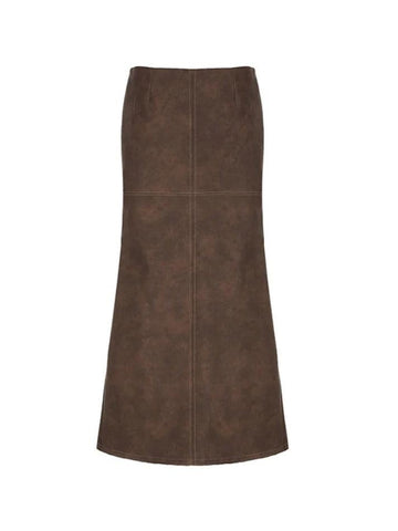 Sonicelife Vintage Brown Back Slit Low Waist Leather Maxi Skirt