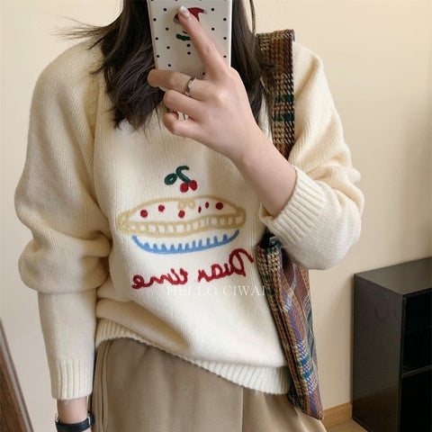 christmas outfit Sonicelife 2025 new autumn and winter Korean style round neck fruit cake jacquard sweater lazy thick loose sweater women clothing y2k tops