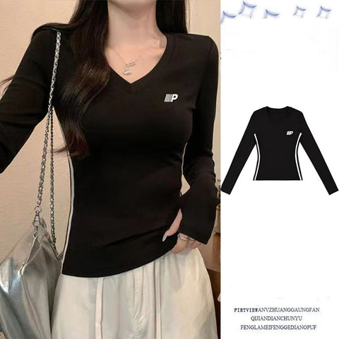 Sonicelife Vintage V Neck Warm Long Sleeve T Shirt Women New Slim All Match Tops Autumn Winter Korean Chic Casual Female T Shirt