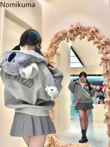 Sonicelife Bear Hooded Sweatshirts Jackets for Women 2025 Autumn Winter Clothing Korean Fashion Cute Y2k Tops Casual Zipper Hoodies Coats