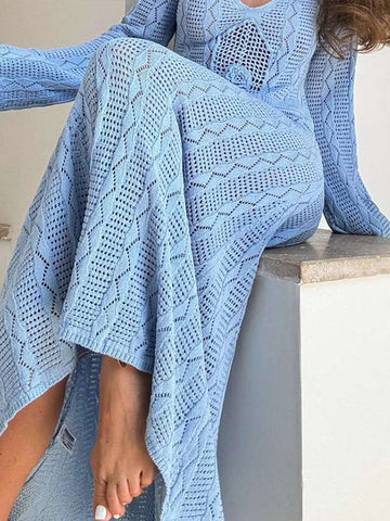 Sonicelife Elegant Knit Hollow Out Long Dress Women Loose V-neck Full Sleeves See Through Beach Female Dresses 2024 Summer Lady Beach Robes