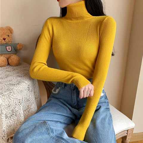 Sonicelife Simple Turtleneck Sweater Women Winter Basic Elastic Slim Knit Jumper Ladies Fall Long Sleeve Female Pullover Top New