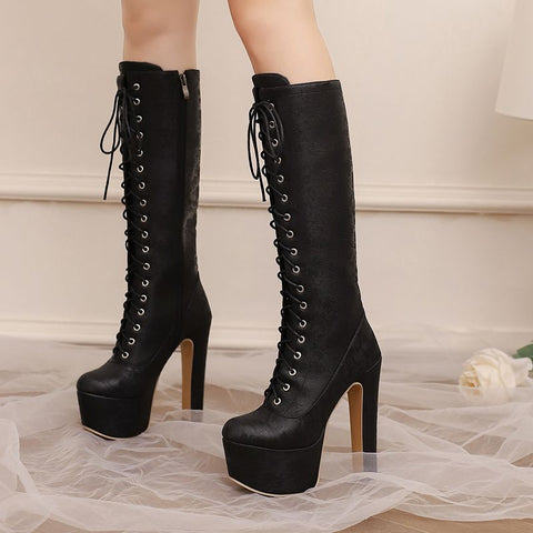 thanksgiving outfit Sonicelife Sexy Female Knee High Boots Round Toe Ultrahigh Heels 15cm Platform Hill 6cm Lace Up Big Size 46 47 Party Bota