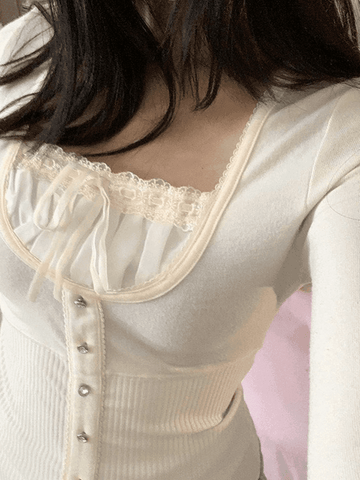 Sonicelife Fleece Bow-Neck Ribbed Lace Blouse