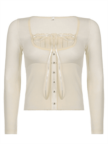 Sonicelife Fleece Bow-Neck Ribbed Lace Blouse