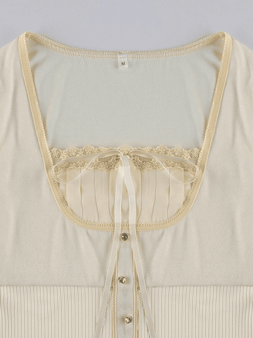 Sonicelife Fleece Bow-Neck Ribbed Lace Blouse