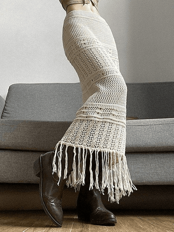 Sonicelife-Fringed Crochet Hollow Knit Long Skirt
