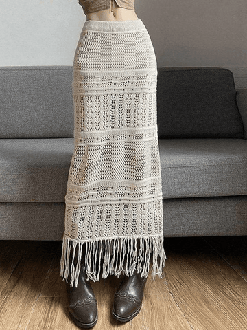 Sonicelife-Fringed Crochet Hollow Knit Long Skirt