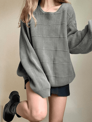 Sonicelife-Gray Plaid Pullover Knit Sweater