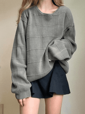 Sonicelife-Gray Plaid Pullover Knit Sweater