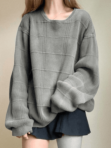 Sonicelife-Gray Plaid Pullover Knit Sweater